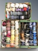 A large quantity of haberdasher's ribbons in various lengths, designs and colours.