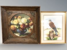 Emma May : Study of a falcon perched on a fencepost, watercolour, 46 cm x 35 cm,