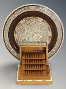 An Indian bone and mother of pearl inlaid charger, diameter 34 cm,