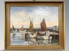 Carl Rasmussen : Boats in a harbour, oil on canvas, 49 cm x 39 cm, indistinctly signed.