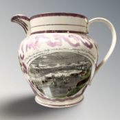 A large 19th century Sunderland pink lustre jug depicting the Iron Bridge, height 23 cm.