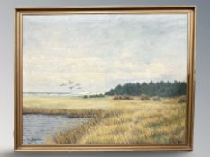 Danish School : Boats by a marshland, oil on canvas, 114 cm x 90 cm.