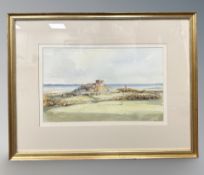 Tom MacDonald (British, born 1934) : Bamburgh Castle from The Golf Course, watercolour, signed,