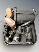 A pair of REL Canada military binoculars, dated 1944, and two further pairs of field glasses,