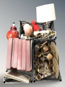 A group of brass and other metalwares, decanters, salt crystal lamp and other lamp bases, records,
