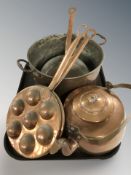 A twin handled copper cooking pot, skillets, tea pot, etc.