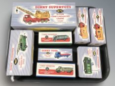A group of reproduction Dinky die cast scale delivery vans, BBC extending mast vehicle,