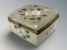A late Victorian iridescent and hand-painted glass trinket box, width 15 cm.