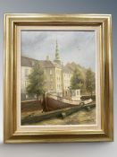 Danish School : Boat on a canal, oil on canvas, 39 cm x 49 cm.