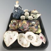 A Maling lustre dressing table tray, matching pair of squat candlesticks and lidded pot,