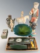 A group of Chinese terracotta figures, similar bottle vase, blue and white vase,