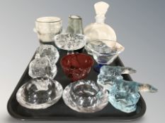 A group of Scandinavian glass tea light holders, decanter, vases,
