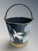A hand painted Toleware bucket, height 43 cm including handle.