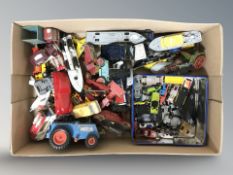 A collection of play worn die cast cars, boats, etc, including Dinky.