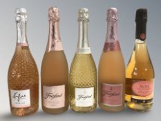 Five modern bottles of prosecco, cava and rose including Freixenet, etc.