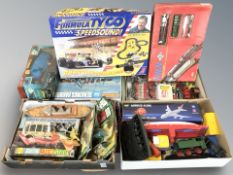 A quantity of die cast models, train set, racing set, etc.