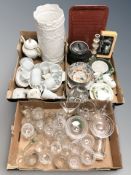 Assorted tea and coffee wares, scale model Vespa scooter in box, assorted drinking glasses, etc.