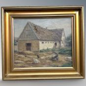 Will Holbr : Chickens by a barn, oil on canvas, 22 cm x 18 cm.