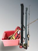 A Grey's GRX 9' two fish fishing rod in slip cover with outer tube, two further rods, reels,