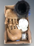 A novelty Margaret Thatcher teapot, large pair of wooden hands, onyx clock surmounted by a dog, etc.