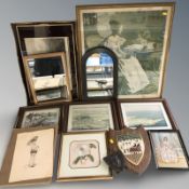A quantity of pictures and prints, watercolours, small mirror, twin handled serving tray, etc.