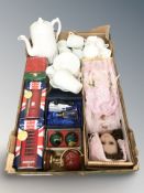 A quantity of coffee china, die cast money banks, dolls, miniature gem stone globe,