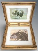 Two horse racing prints, in ornate swept gilt frames,