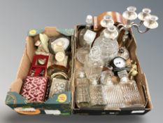 A group of pressed glass decanters, hip flasks, candelabrum, reproduction Tempus Fugit timepiece,