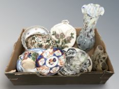 Assorted ceramics, Chinese carved soapstone desk stand, mottled glass vase,