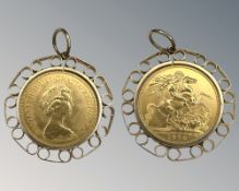 A Queen Elizabeth II 1974 gold full sovereign, mounted in 9ct yellow gold as a pendant.