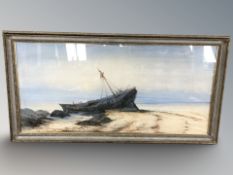 20th century school : Shipwreck on a sandy beach, watercolour,