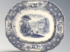 An Italian Lakes pattern blue and white transfer printed meat dish, width 39 cm.