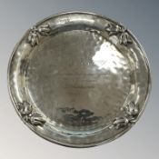 A silver card tray with vine decoration, London 1919, with inscription 'Lieut. A. L.