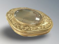 A late 18th century gold and agate highly decorative snuff box, tested approximately 22ct gold.