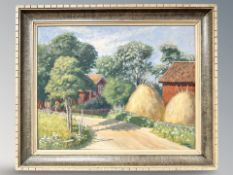 Victor Reile : Haystacks by a barn, oil on board, 50 cm x 39 cm.