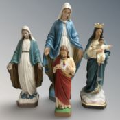 Four painted plaster religious statues including Christ, Mary, etc, tallest 64 cm.