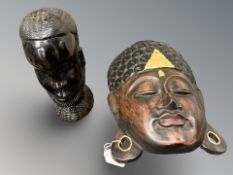 A carved ebony head figure together with a wooden Thai face mask