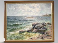 Victor Reile : Rocks on a shoreline, oil on board, 60 cm x 49 cm.