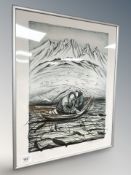 A continental colour print depicting figures fishing a boat, 39 cm x 49 cm.