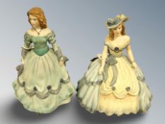 Two Coalport matt-glazed china figures : Beau Monde - Estelle and Rebecca, heights 13 cm and 14 cm.