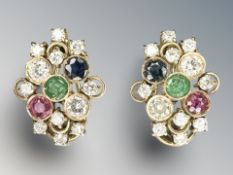A fine pair of 18ct yellow gold ruby, sapphire, emerald and diamond earrings.