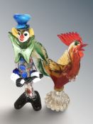 A Murano glass clown, height 40 cm, and a further figure of a rooster.
