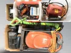 A pallet of various power and hand tools, Flymo lawn mower, electric strimmer,