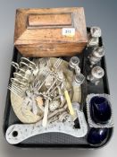 A Regency rosewood sarcophagus tea caddy, silver plated condiments, an Armstrong patent corkscrew,