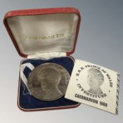 A 1969 H.R.H. Prince of Wales Investiture Caernarvon, struck in Briannia silver, cased.