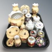 A group of Anysley Orchard Gold china, including mantel timepiece, pair of vases, etc,