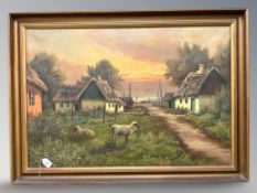 Danish School : Sheep by thatched buildings, oil on canvas, 95 cm x 65 cm.