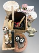 A group of wicker baskets, figures, lamp bases, pair of candlesticks,