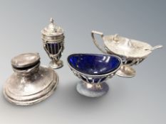 A silver sifter mustard pot and salt, London marks,