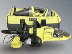A Ryobi electric chainsaw and further handheld vacuum, in carry bag.